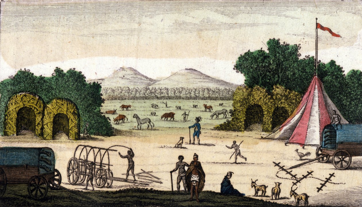 Zicht op een Nederlands kamp (van Pioniers Boeren of Voortrekkers, Afrikaners) in Pampoen Kraal (Pampoen-Kraal), Kaapprovincie, Zuid-Afrika. 1860 door Unknown artist