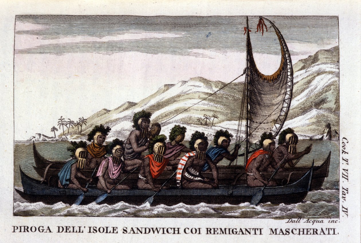 Zicht op een kano met zeilen van de Hawaiiaanse eilanden in Polynesië, de bemanning draagt typische maskers. Lithografie uit het begin van de 19e eeuw door Unknown artist