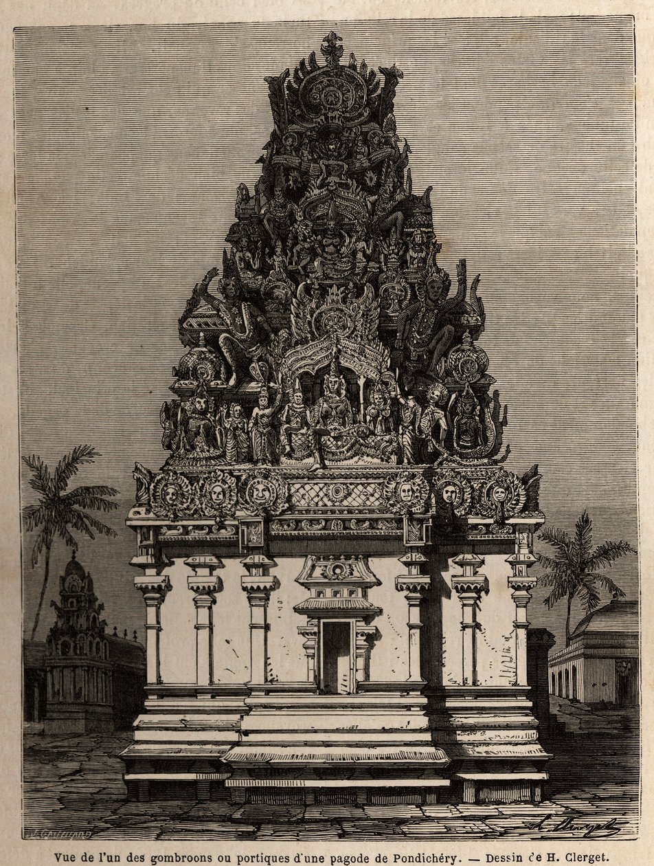 Zicht op een van de gombroons of portieken van een Pondichery-pagode (Pondicherry) (India). Gravure ter illustratie van een expeditie naar de pagode van Chillambaran (Coromandelkust), van 1838 tot 1844, door de viceadmiraal Paris, directeur van het depot d door Unknown artist