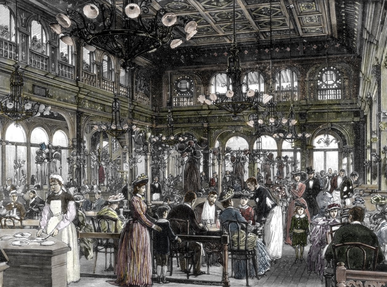 Uitzicht op een van de restaurants (bouillon), goedkope arbeiderskantine, opgericht door Alexandre Duval in Parijs 1880 - 1885. 19e eeuw door Unknown artist