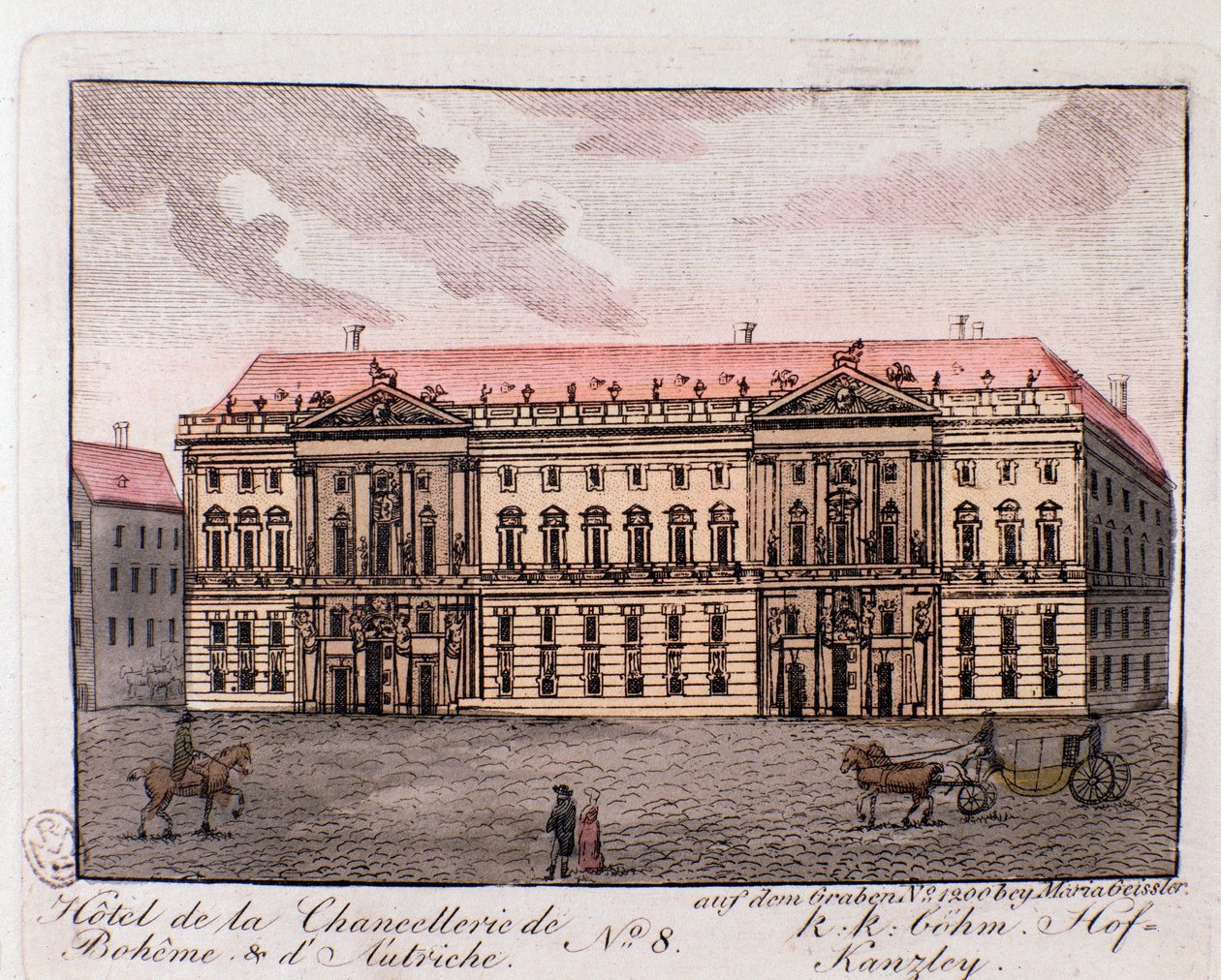 Zicht op het Hotel van de Kanselarij van Bohemen en Oostenrijk in Wenen, Oostenrijk. Gravure uit 1815 Privécollectie door Unknown artist