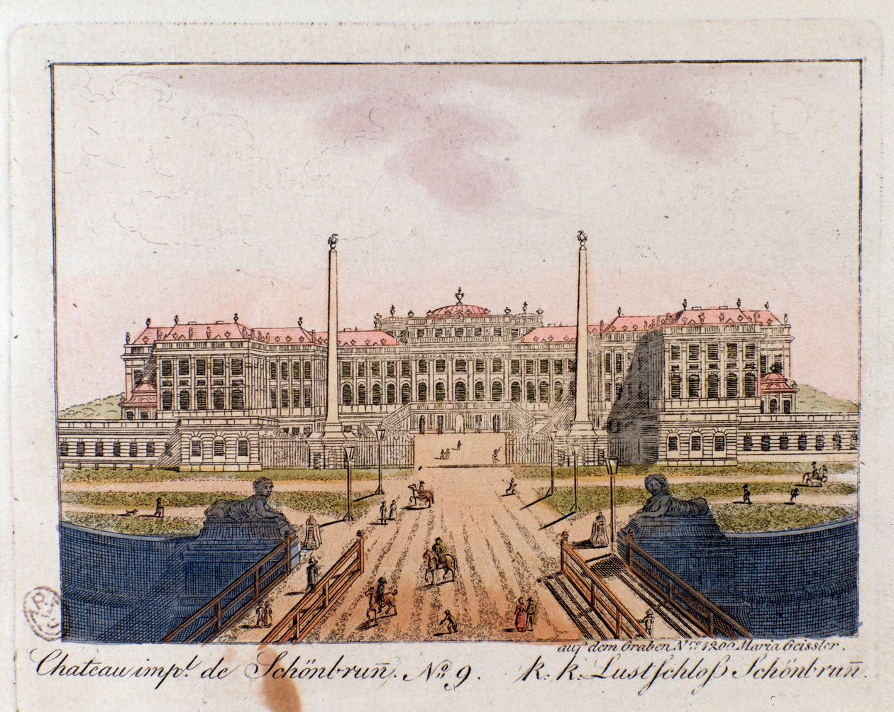 Uitzicht op het Keizerlijk Kasteel van Schonbrunn nabij Wenen, Oostenrijk. Gravure uit 1815 door Unknown artist