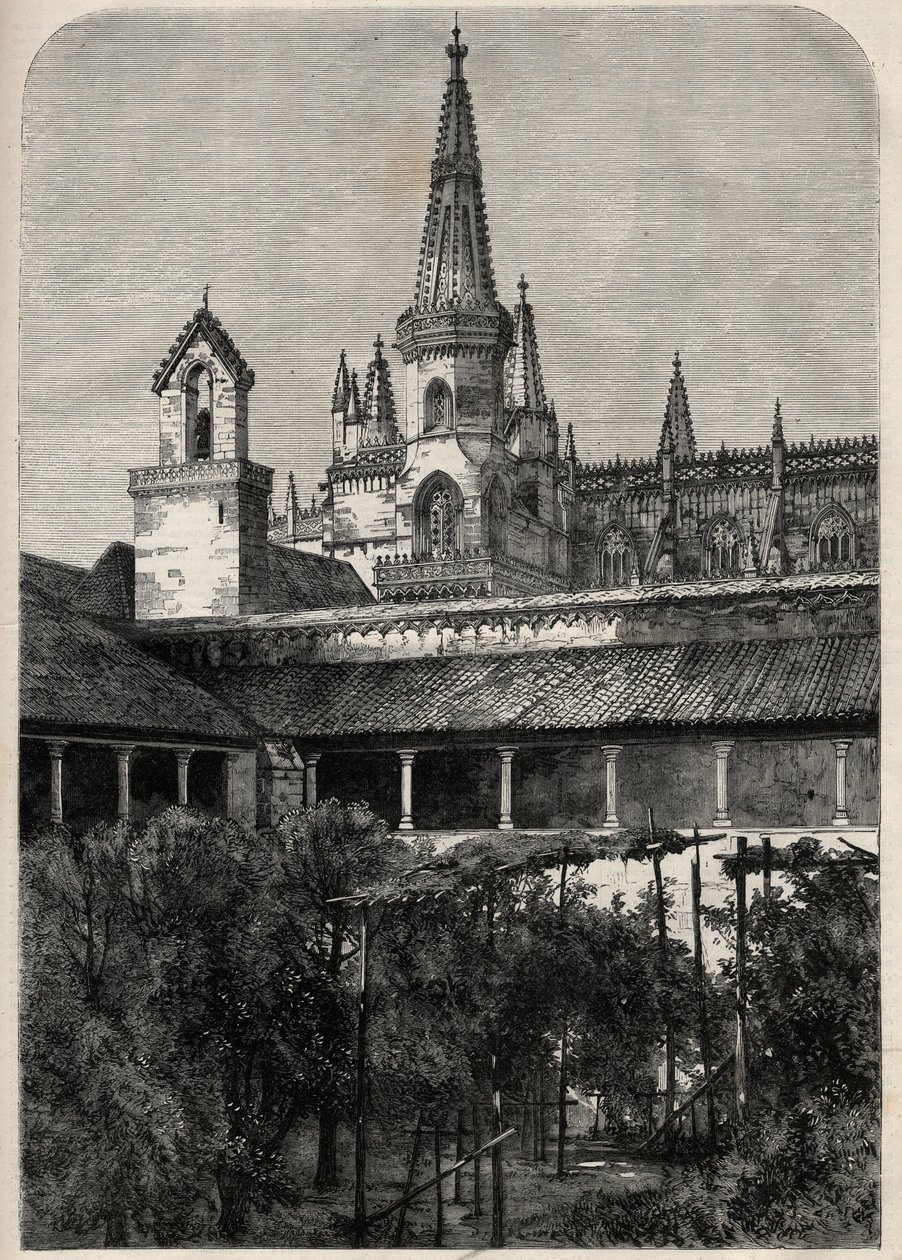Uitzicht op het klooster van Bathala in Portugal. Gravure in 