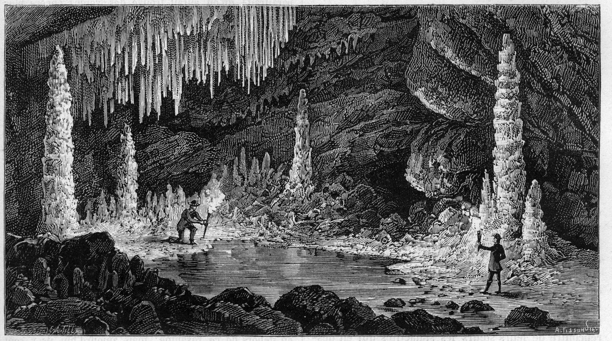 Uitzicht op de Reclere-grot in Zwitserland. Gravure in 