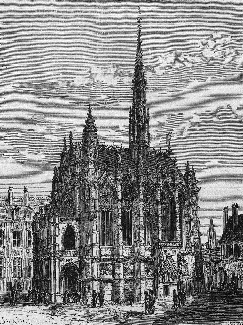 Zicht op de Sainte Chapelle kerk in Parijs. Gravure uit L