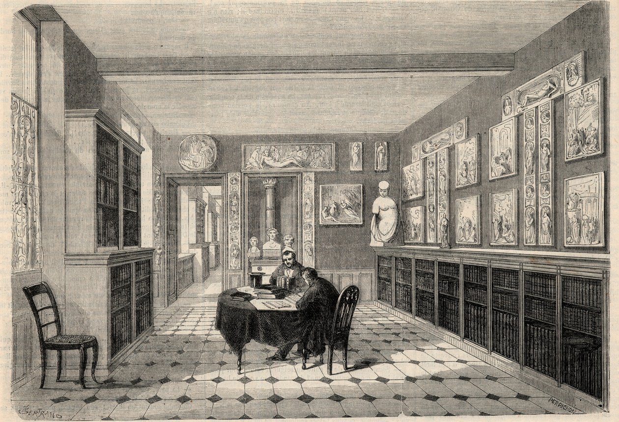Zicht op de Victor Cousin bibliotheek aan de Sorbonne Universiteit in Parijs. Gravure in 