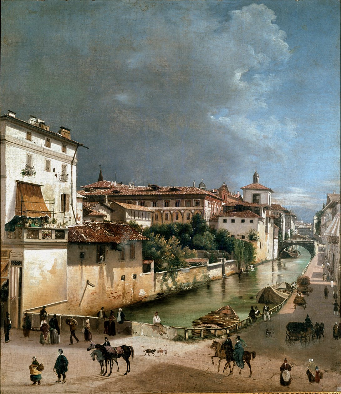 Zicht op het kanaal tussen Porta Romana-brug en ziekenhuisbrug in Milaan door Unknown artist
