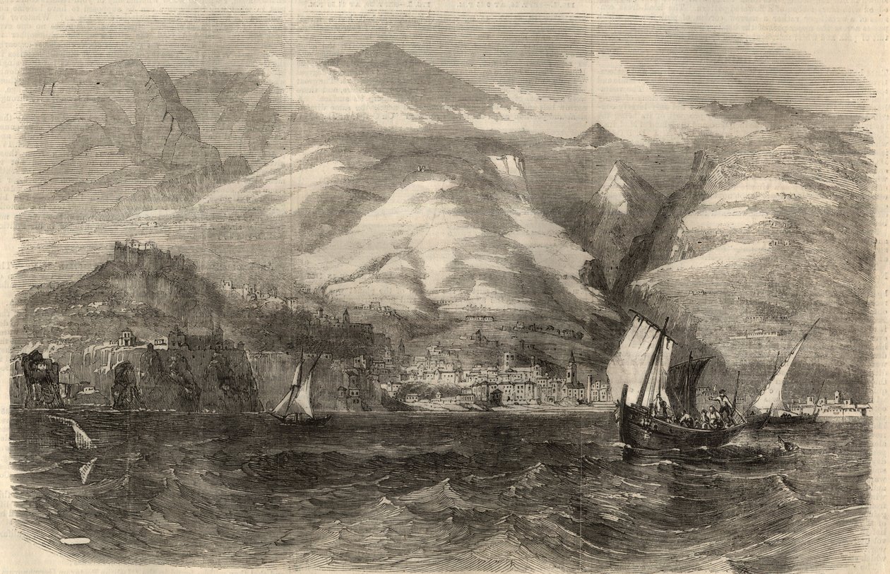 Uitzicht op de stad Funchal op het eiland Madeira in Portugal. Gravure in 