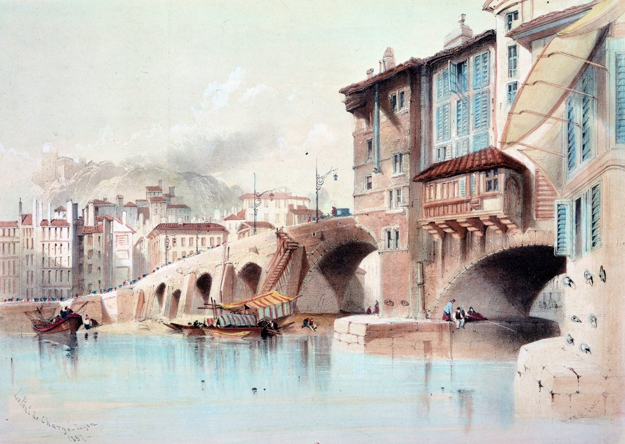 Zicht op de stad Lyon en de Pont de Charge. Aquarel uit 1837. Parijs, B.N. door Unknown artist