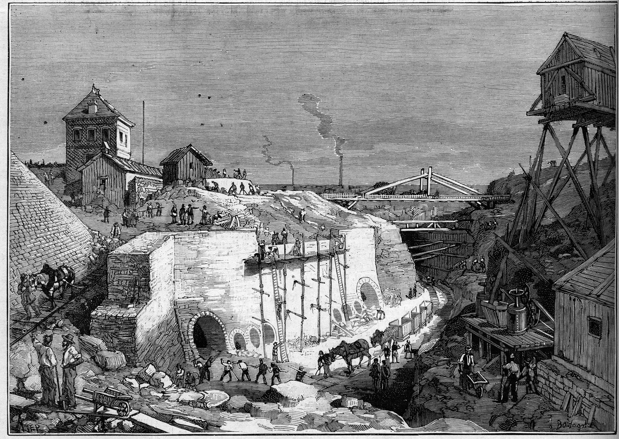 Uitzicht op de bouwplaats van de drinkwatertanks van Villejuif. Gravure in 