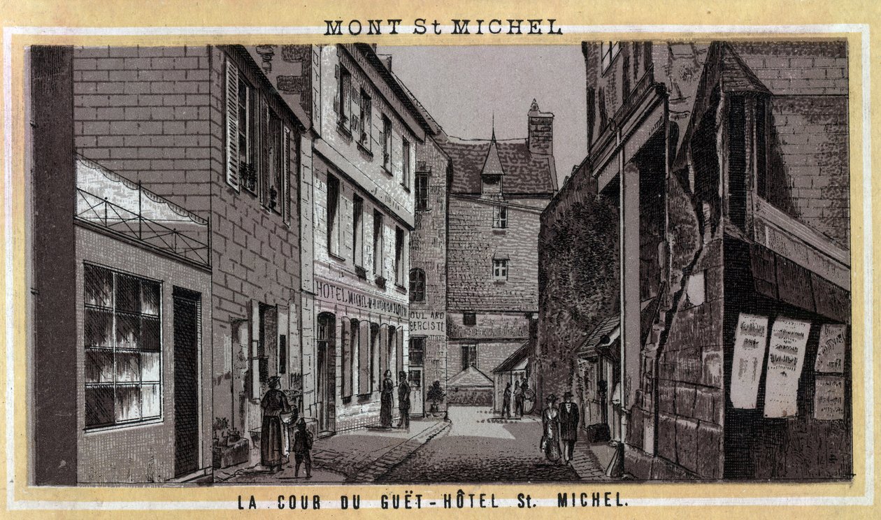 Uitzicht op de binnenplaats van het Guet Hotel op Mont Saint Michel, Manche, Normandië. Chromolithografie van het einde van de 19e eeuw. door Unknown artist
