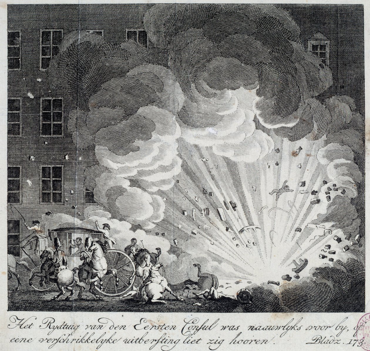 Uitzicht op de explosie van de helse machine van de rue Saint Nicaise in Parijs op de 3e nivose an IX door Unknown artist