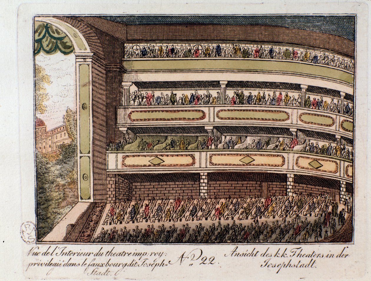 Interieur van het Keizerlijk Theater in de wijk Josephstadt in Wenen. Oostenrijk. Gravure uit 1815. Privécollectie door Unknown artist