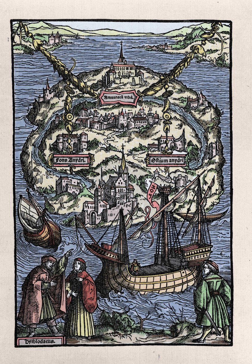 Uitzicht op het eiland Utopia uit het boek van Thomas More, 