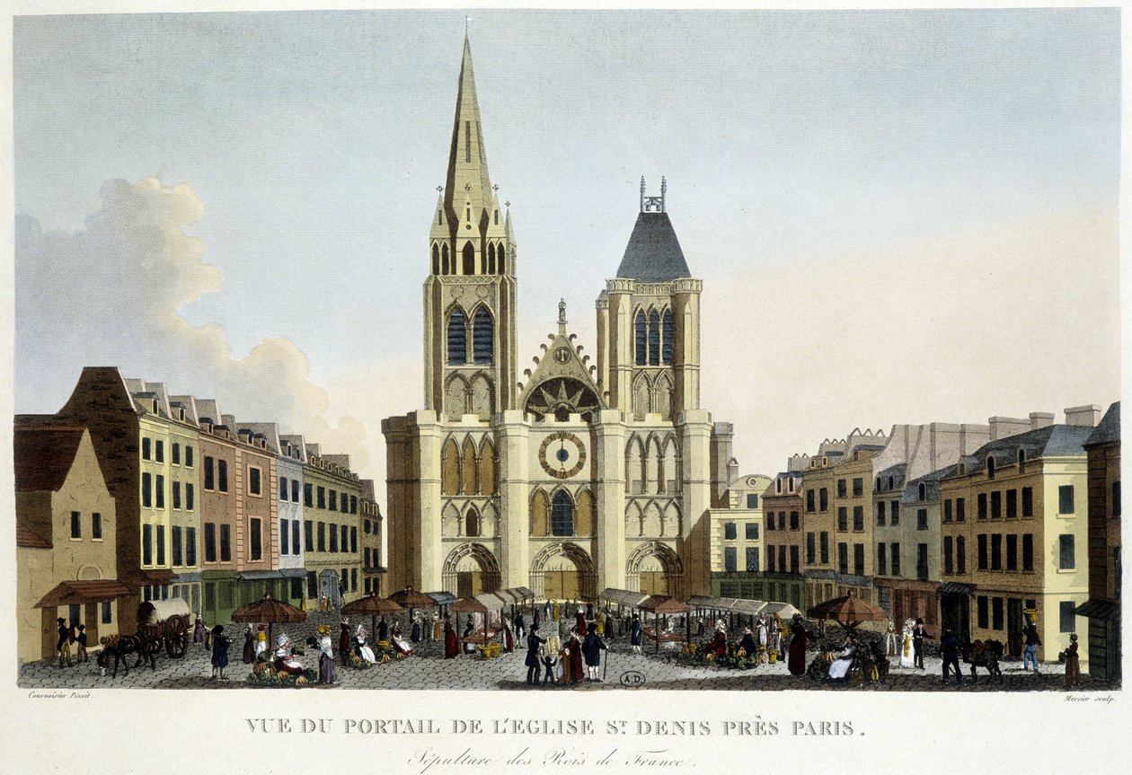 Uitzicht op het portaal van de kerk van St Denis, nabij Parijs, begraafplaats van de koningen van Frankrijk, en markt op het plein - in 