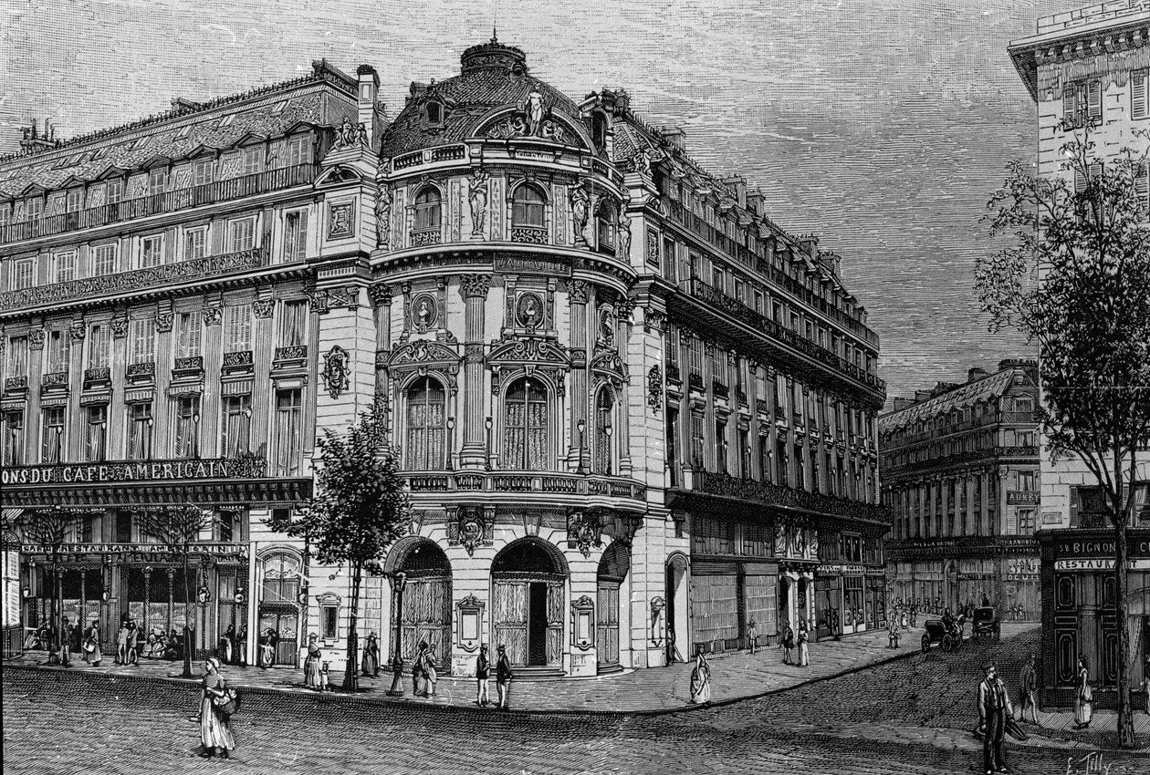 Zicht op het Théâtre du Vaudeville in Parijs. door Unknown artist