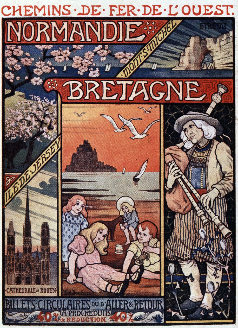 Gezichten van Normandië (Rouen en Etretat) en Bretagne (Mont Saint Michel), kinderen op het strand en doedelzakspeler - reclameposter van de Spoorwegen de l