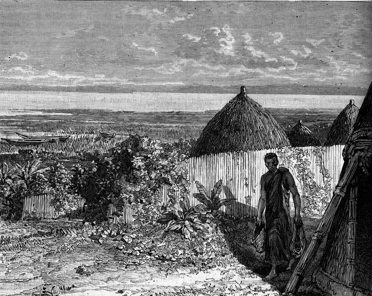 Dorp aan de oevers van het Albert Nyanza-meer (of Albertmeer), Afrika. Gravure in 