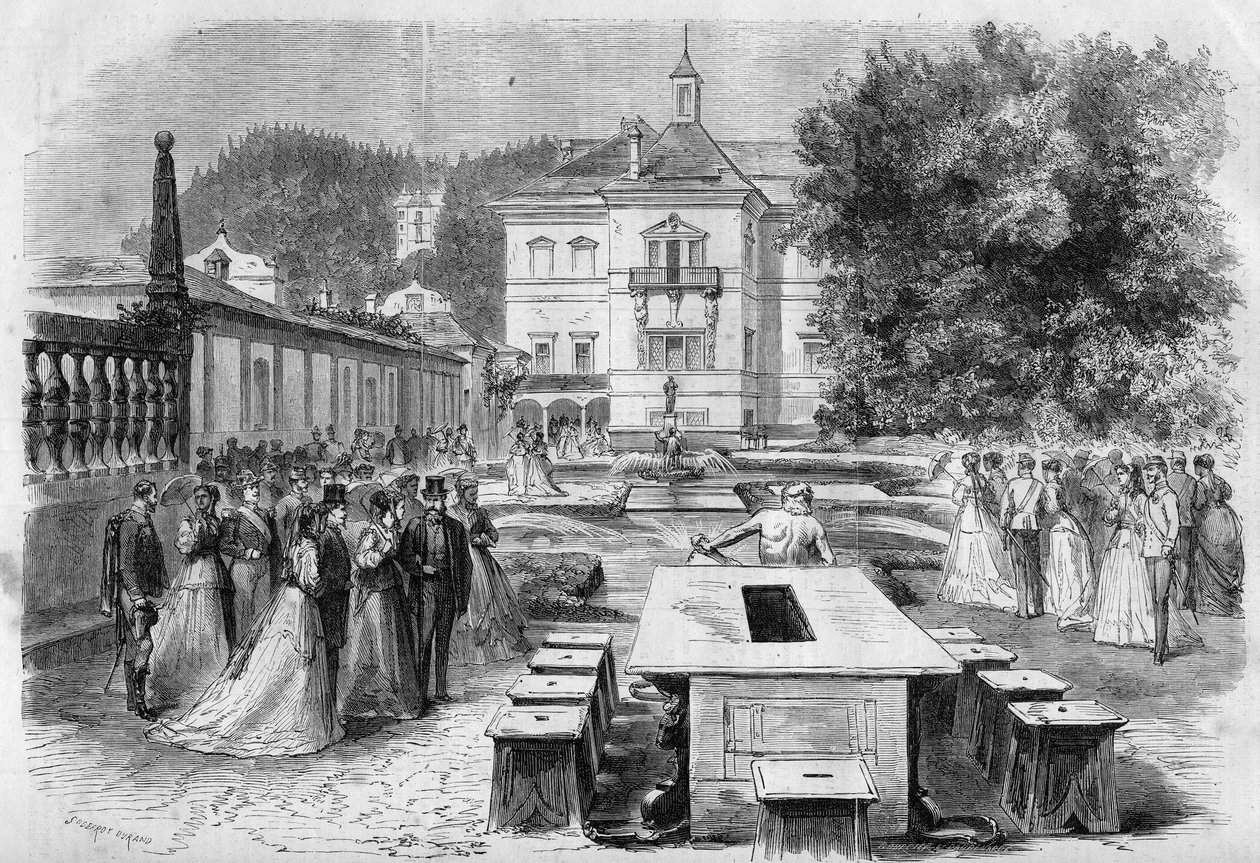 Bezoek van keizer Francois-Joseph en keizerin Elisabeth van Oostenrijk (Sissi) met Eugenie, keizerin van de Fransen en Napoleon III aan de keizerlijke residentie van Hellbrunn in Oostenrijk op 21 augustus. door Unknown artist