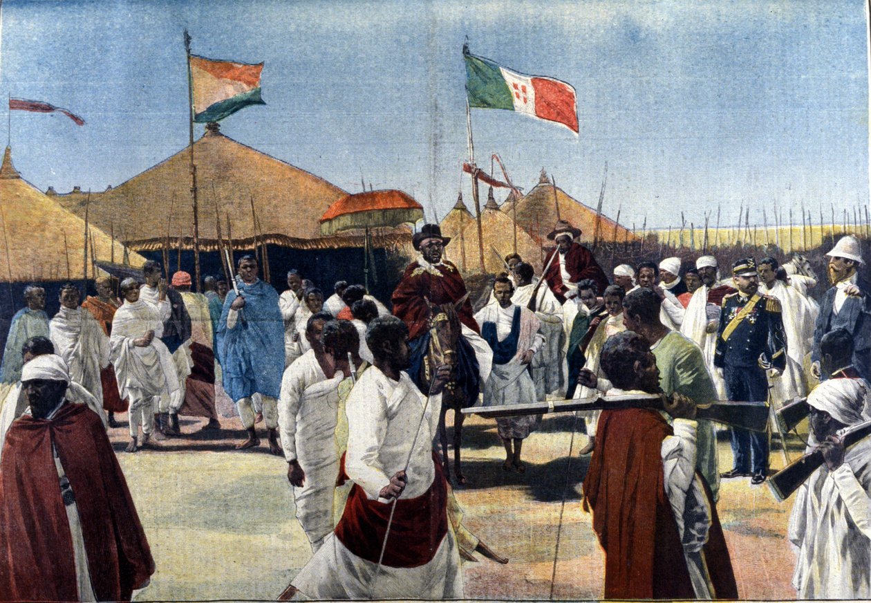 Bezoek van Menelik II (1844-1913, Koning van Ethiopië) aan de President van de Italiaanse Plenipotentiaire Ciccodicola door Unknown artist
