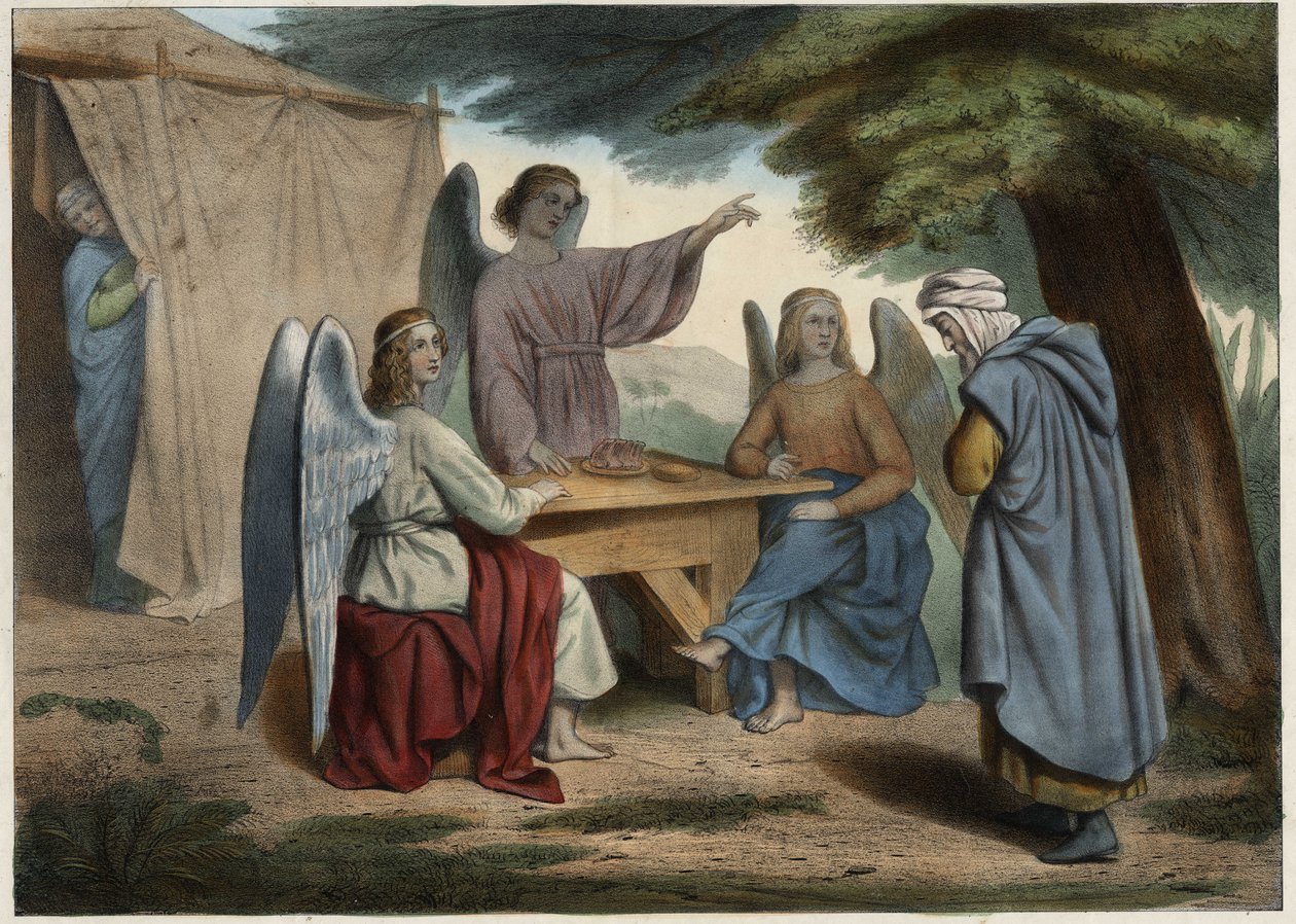 Bezoek van de drie engelen aan Abraham: Abraham verneemt dat zijn vrouw Sarah (op de achtergrond), al heel oud, hem binnenkort een zoon zal schenken. Anonieme gravure uit het midden van de 19e eeuw. door Unknown artist