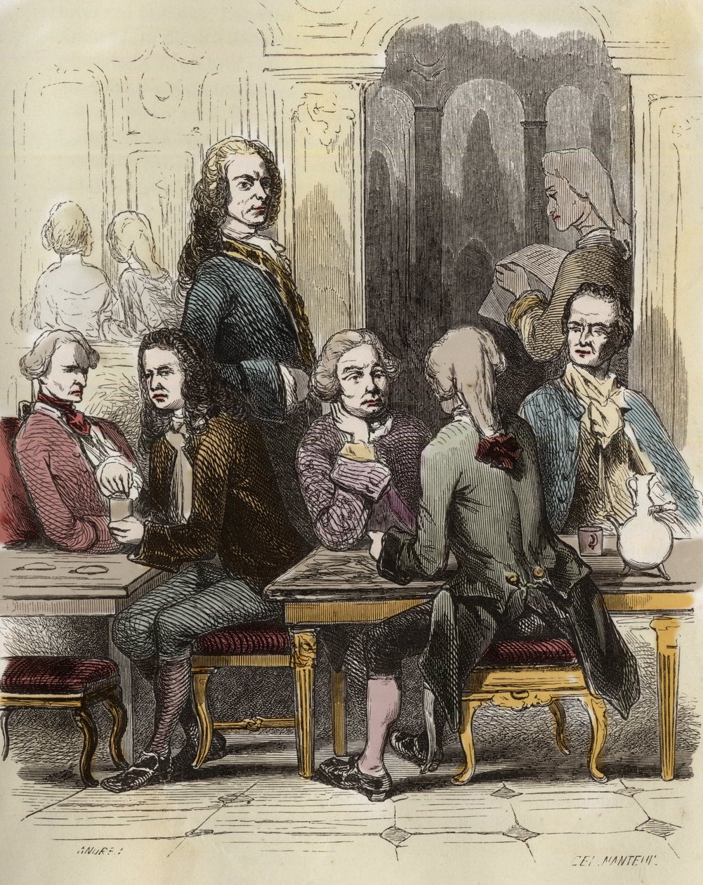 Voltaire in het Procope café in Parijs door Unknown artist