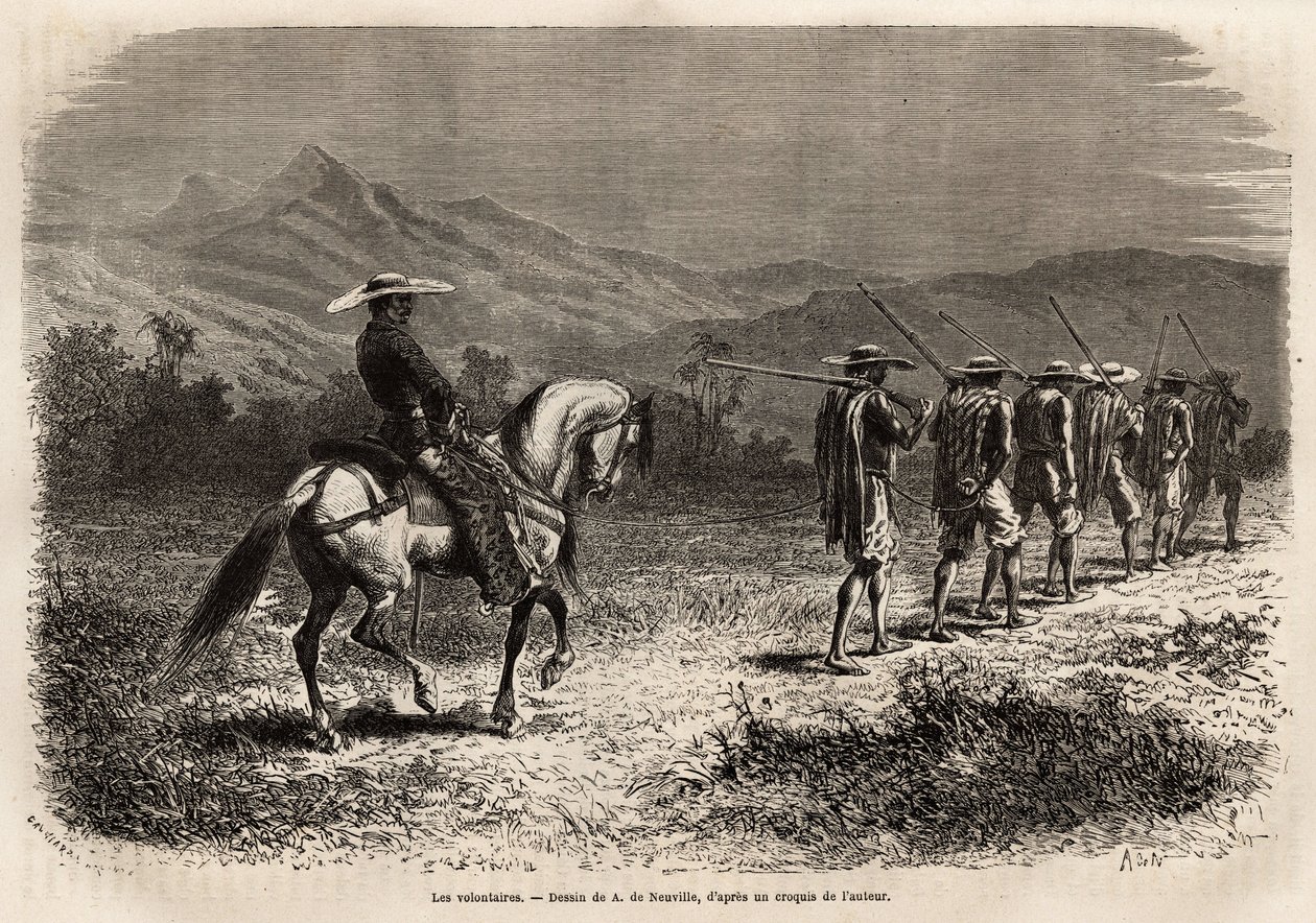 Vrijwilligers op weg naar Cali, een lange rij mannen met hun handen achter hun rug gebonden, verbonden door een touw aan elkaar, een touw vastgehouden door een soldaat te paard, die hen naar een militair trainingskamp brengt. Gravure ter illustratie van de door Unknown artist