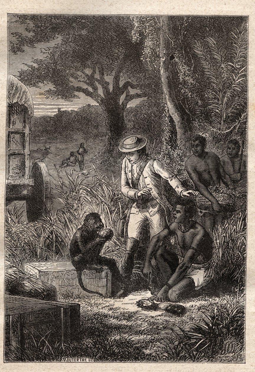 Reis naar de Caffrerie (Zuid-Afrika) (1781) door Francois Levaillant (Le Vaillant) (1753-1824): Levaillant en zijn aap degustateur Maitre Kees, die de vruchten en wortels proeft om te controleren of ze eetbaar zijn - illustratie uit 