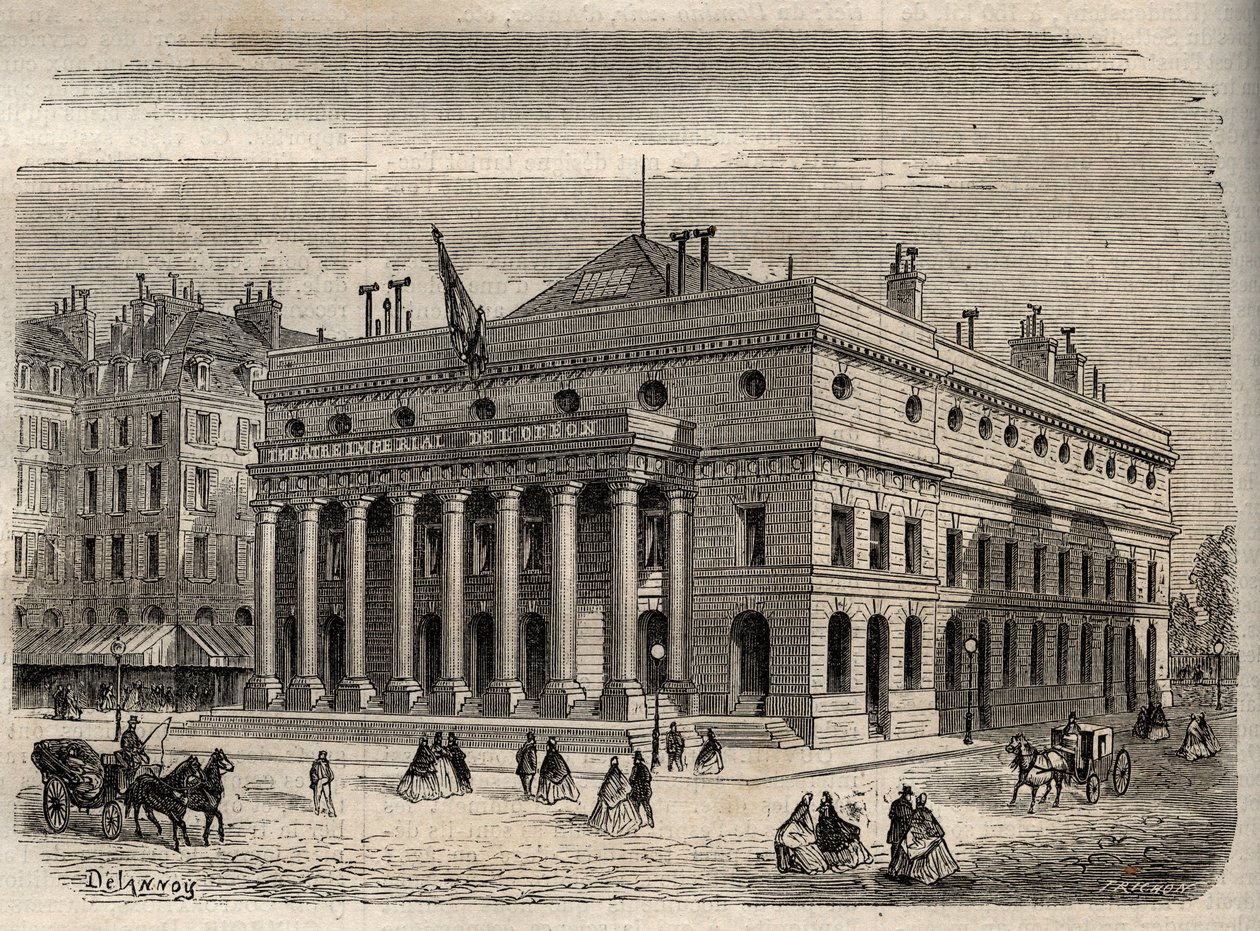 Zicht op het Theater van de Odeon in Parijs - in de 19e eeuw - gravure in 