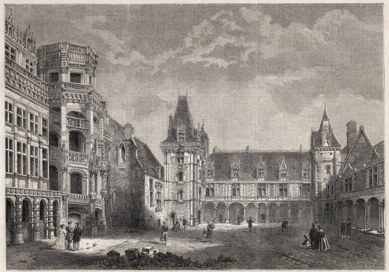 Buitenaanzicht van het kasteel van Blois met de monumentale trap - Gravure in 