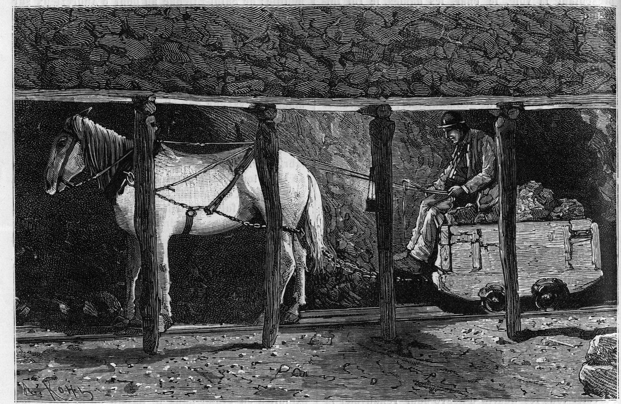Wagonnet wordt gebruikt in de kolenmijnen in Wales. Gravure in 