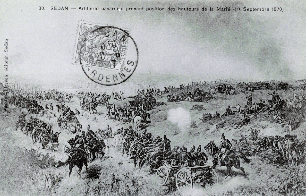 Oorlog van 1870: Beierse artillerie neemt positie in vanaf de hoogten van de Marfe in de Ardennen op 01/09/1870 door Unknown artist