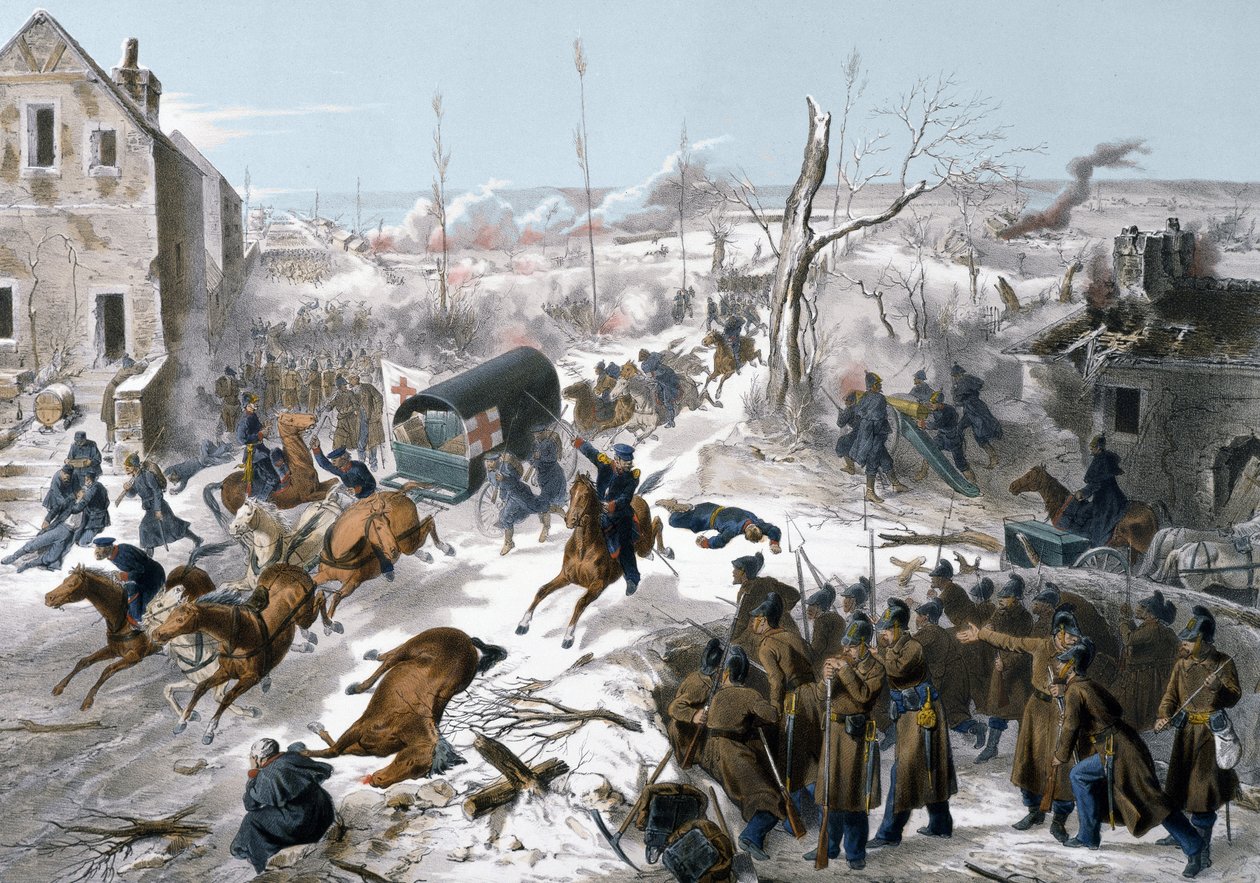 Oorlog van 1870 tussen Frankrijk en Pruisen: Rode Kruis tijdens de Slag bij Bapaume in de Pas de Calais op 2 en 3/01/1871 die de overwinning zag van het leger van het Noorden onder leiding van generaal Faidherbe tegen de Pruisen door Unknown artist