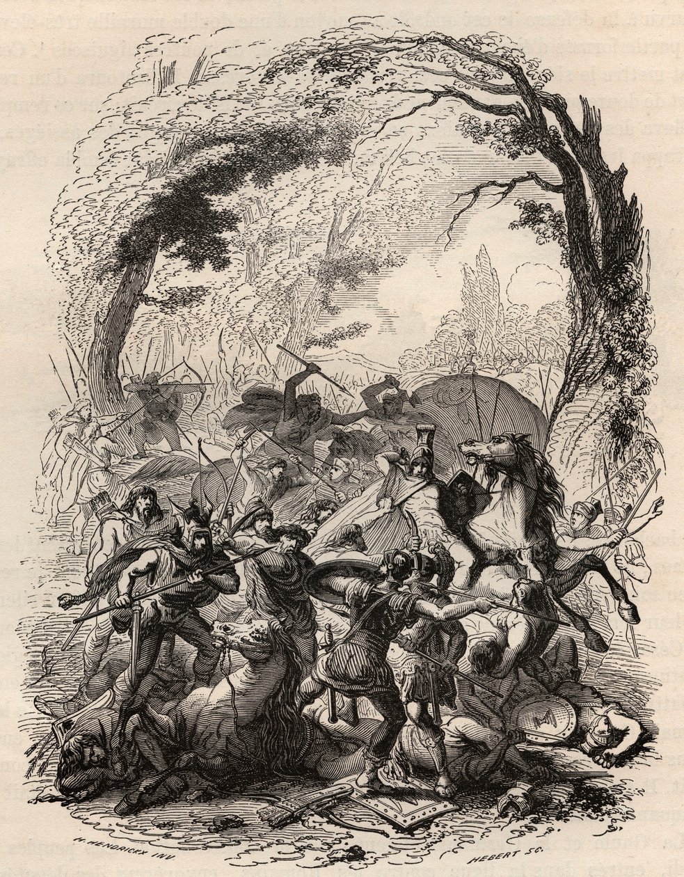Oorlog van de Galliërs: Slag bij Aduatuca tussen het Belgische volk van de Eburonen en het Romeinse leger. Verslagen Quintus Titurius Sabinus en Lucius Aurunculeius Cotta in 54 v.Chr. Gravure uit 1868 in 