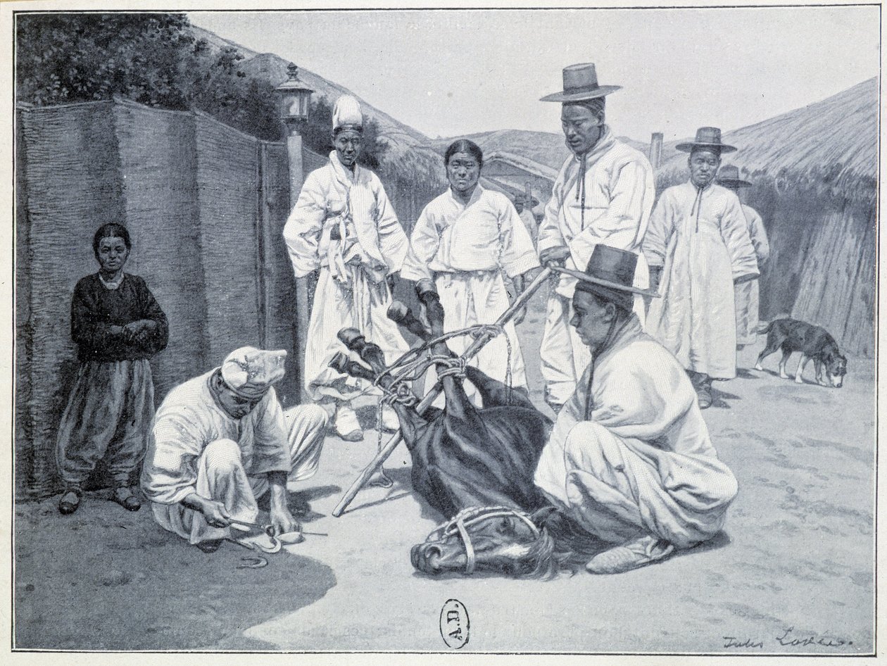 Manier om een paard te halen in Korea - gravure door Unknown artist
