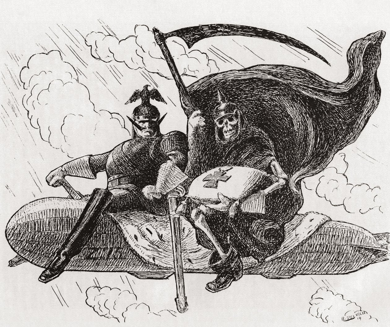 "Wij Tweeën", De Oorlogsheer en zijn bondgenoot: Een Duitse commandant en een skelet, of de dood, zittend bovenop een Zeppelin door Unknown Artist