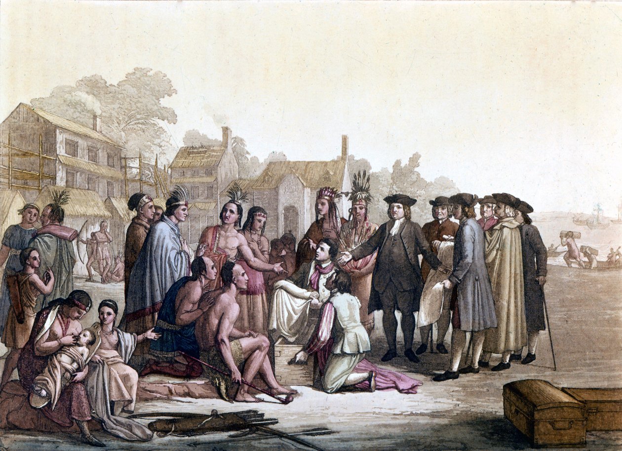 William Penn (1644-1718), een Engelse quaker, onderhandelt over de aankoop van land met de Indianen van Amerika - Hij legde zo de basis voor Pennsylvania en de stad Philadelphia - Illustratie in 
