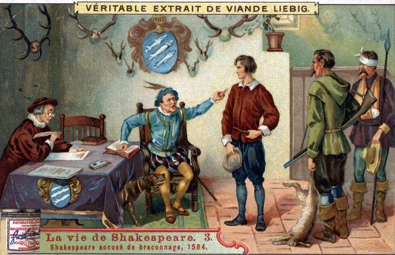 William Shakespeare (1564-1616) beschuldigd van stroperij in 1584. Chromo liebig uit het einde van de 19e eeuw. door Unknown artist