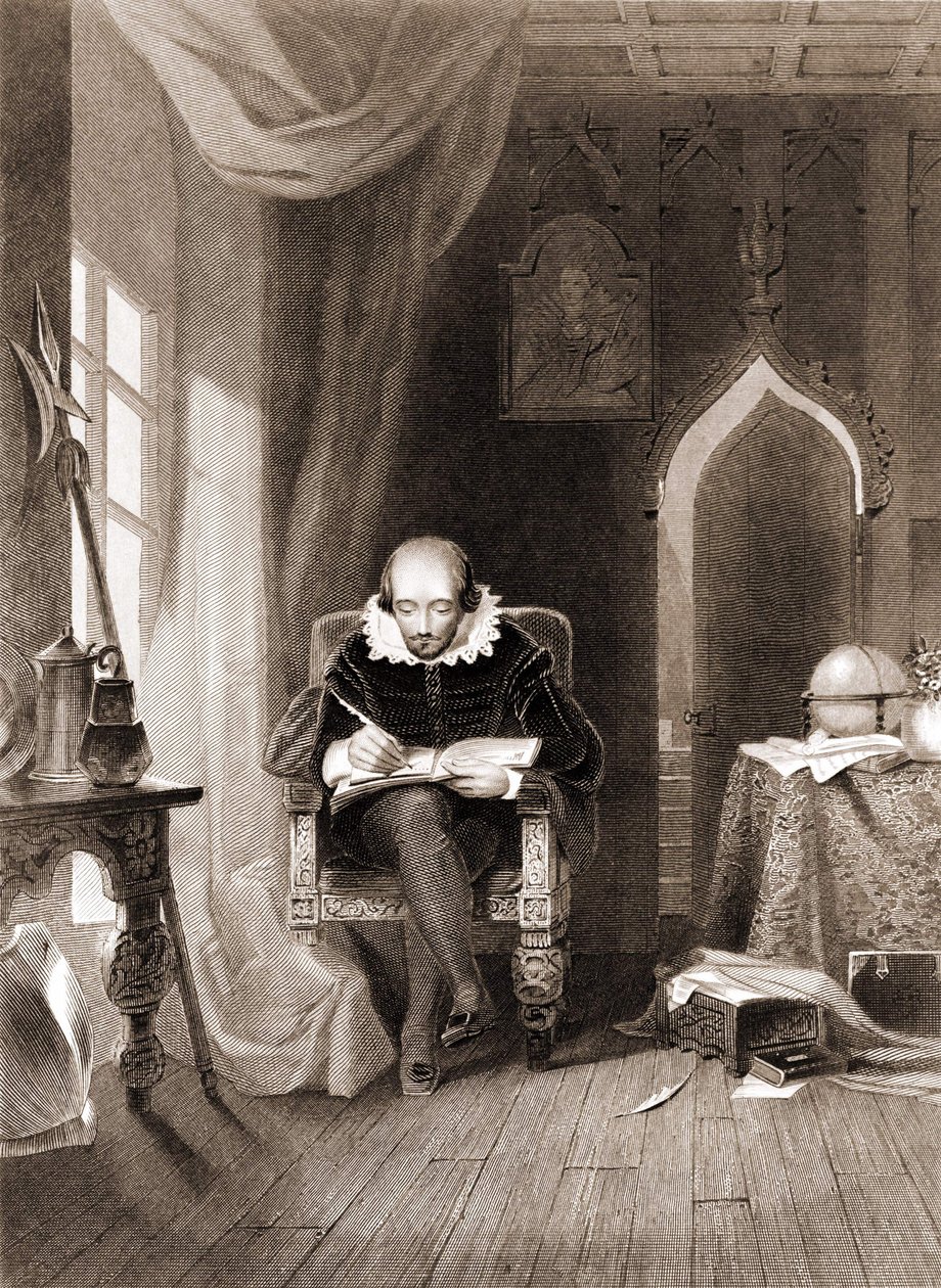 William Shakespeare (1564 - 1616) in zijn kantoor door Unknown artist