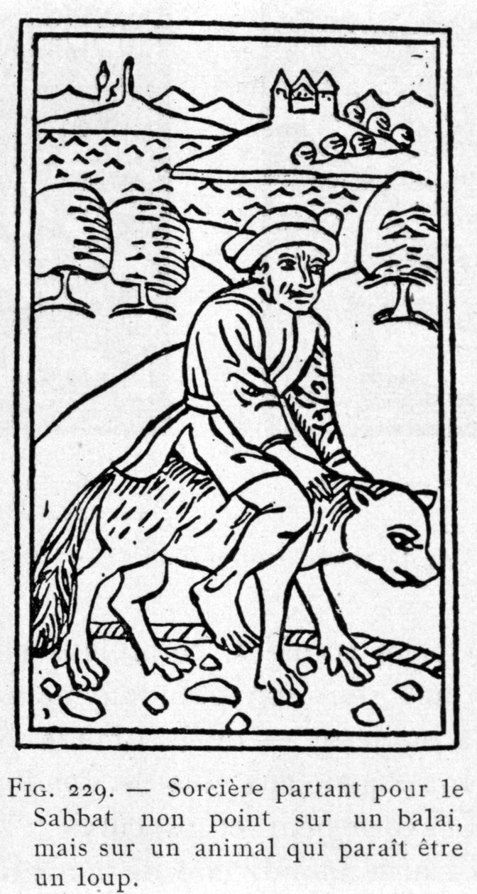 Heks vertrekt naar de sabbat niet op een bezem, maar op een dier dat op een wolf lijkt. door Unknown artist