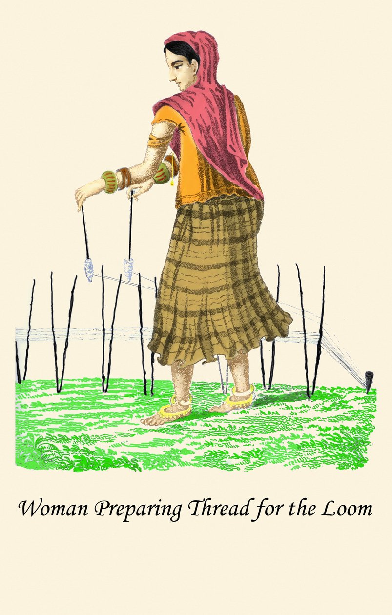 Vrouw maakt garen klaar voor weefgetouw door Unknown Artist