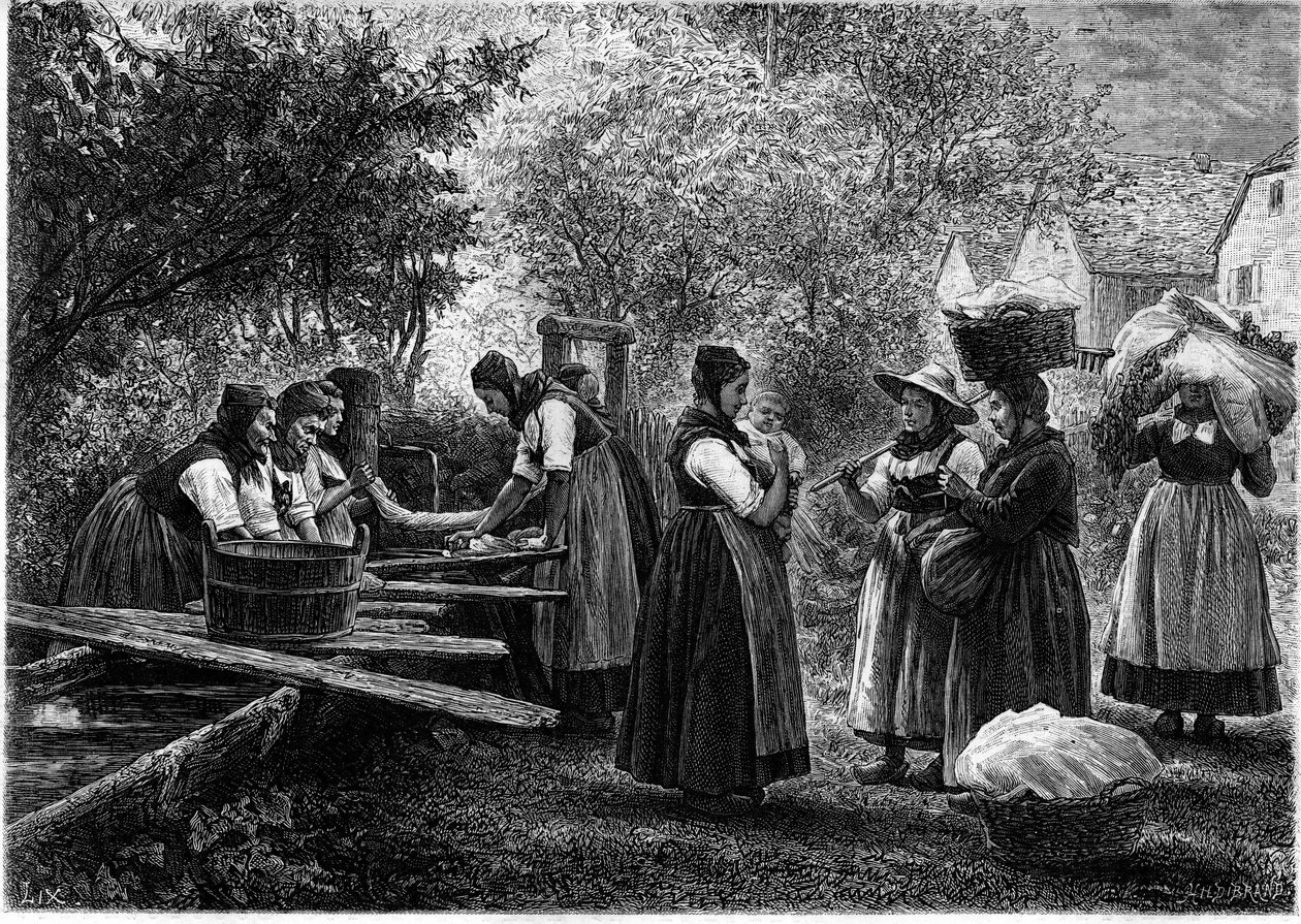 Vrouwen doen de was in de Elzas. Gravure in het illustere tijdschrift 