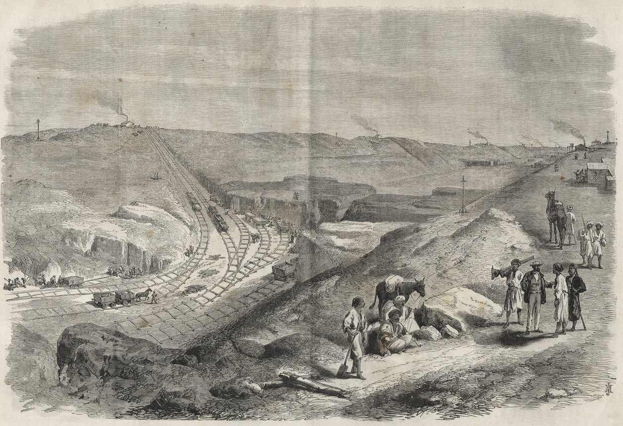 Werkzaamheden aan het Suezkanaal 1864 - Bouwplaats en boorwerkzaamheden aan het Suezkanaal in 1864 (Chaluf Tranchée). door Unknown artist