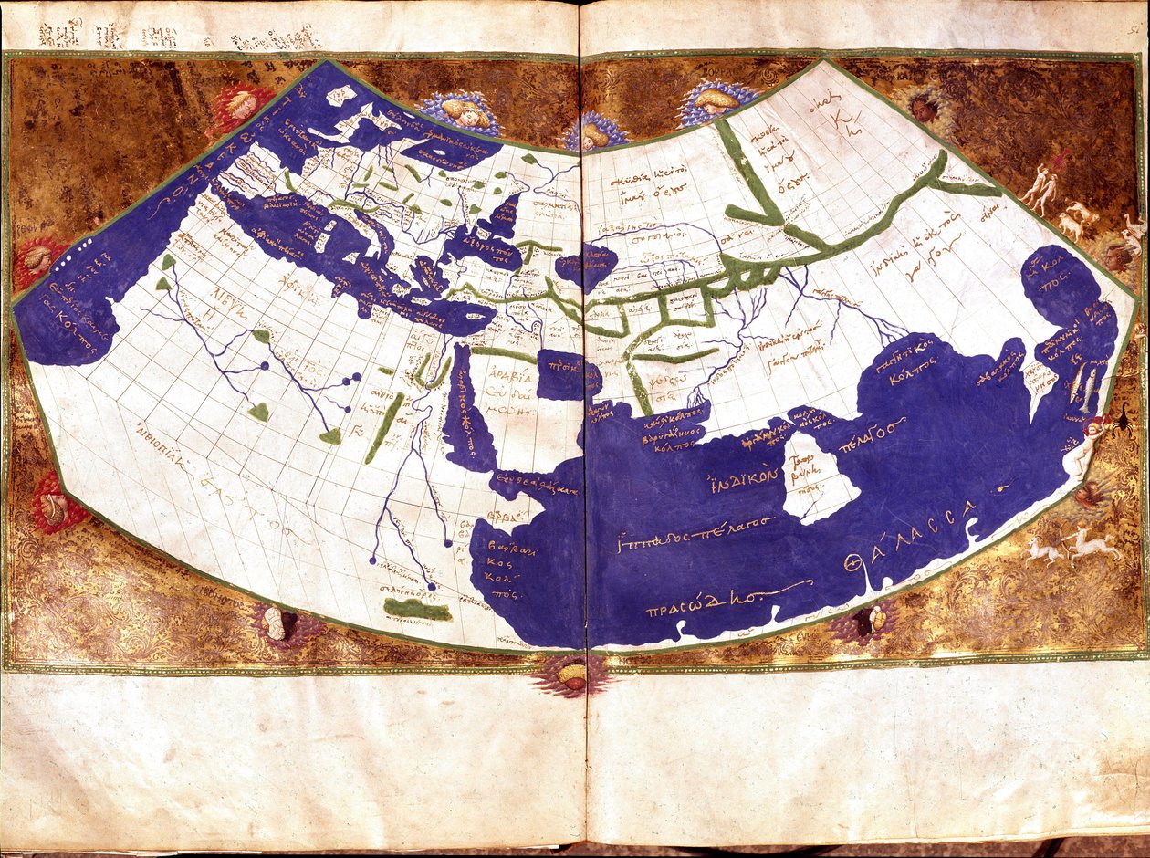 Wereldkaart van Claudius Ptolemaeus (Claude Ptolemee, 90-168 na Chr.), Griekse astronoom en astroloog - Voorstelling van de platte aarde zonder de Noord- en Zuidpool en zonder de Amerikaanse continenten - 15e eeuw Manuscript - Venetië, Biblioteca Marciana door Unknown artist