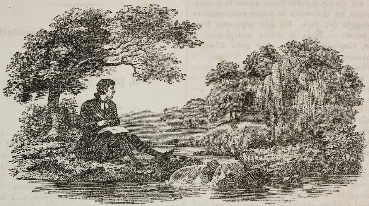 Schrijver onder boom voor stroom, illustratie uit Teatro universale, Raccolta enciclopedica e scenografica, No 575, 19 juli door Unknown artist
