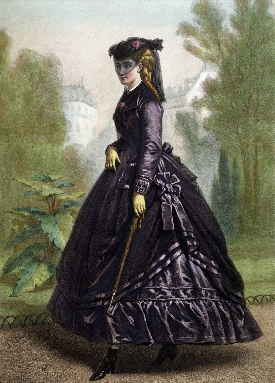 Jonge vrouw in strikte en donkere kleding (weduwe) - lithografie, midden 19e eeuw door Unknown artist