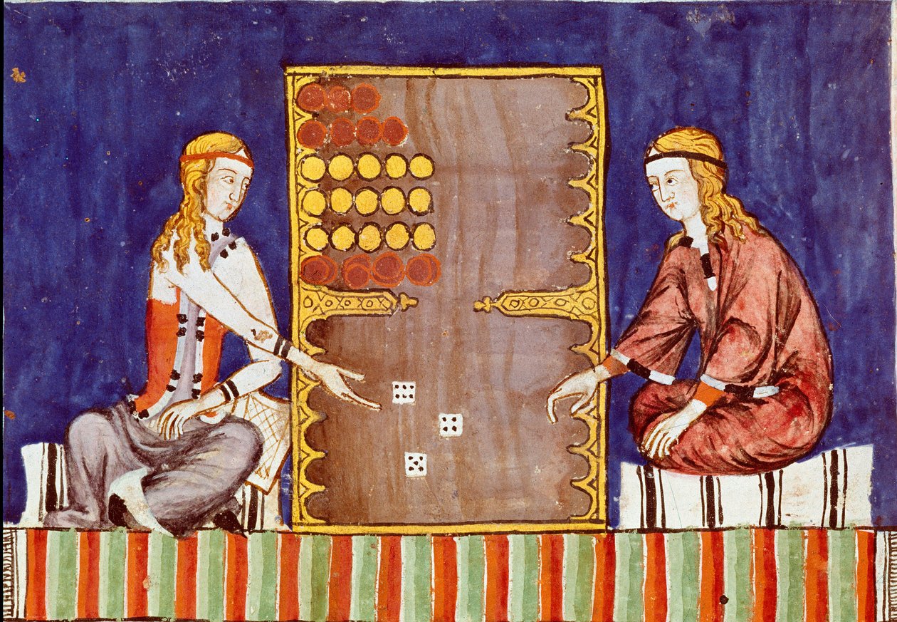 Jonge vrouwen die tric trac (tri-trac) spelen, voorloper van Backgammon - Miniatuur uit het manuscript 