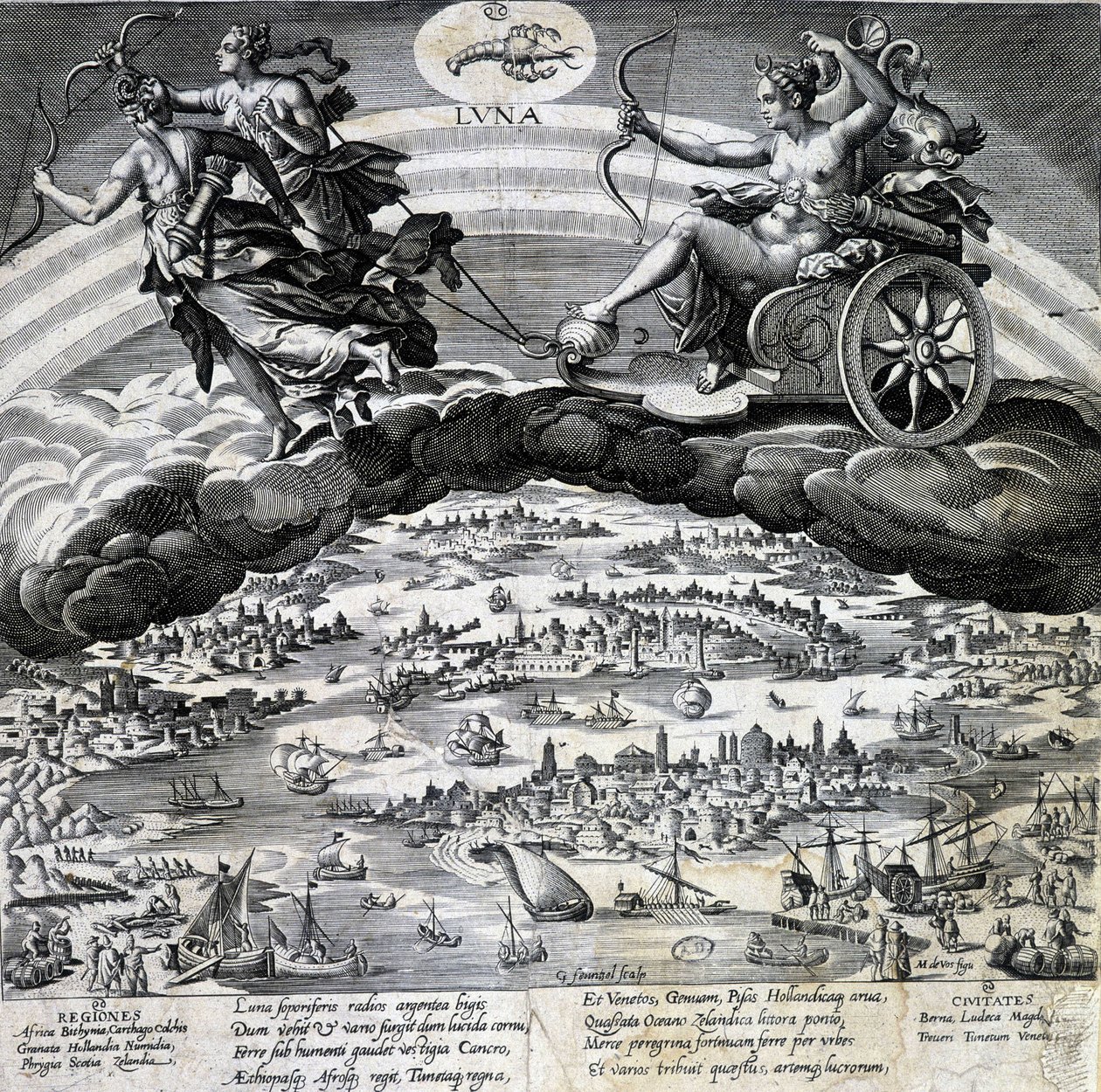 Zodiac teken Kreeft. Maan, voorstelling van de tank van Semelee. Gravure van de 19e eeuw. door Unknown artist