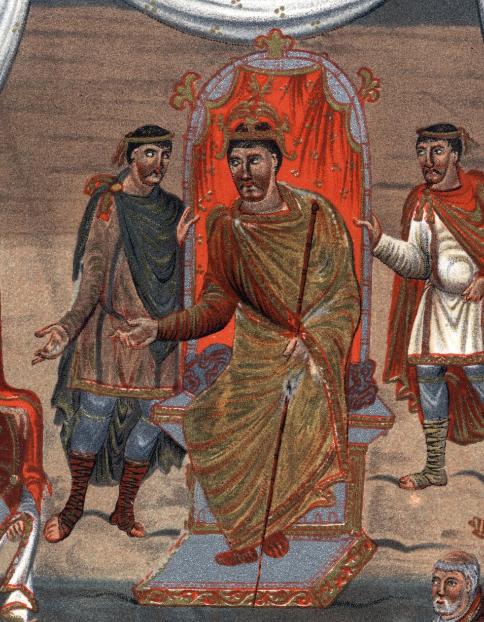 (detail): Karel II de Kale, koning van Frankrijk ontvangt een delegatie van monniken uit Tours. Facsimile in chromolithografie van de 19e eeuw naar een miniatuur uit de 10e eeuw bewaard in de B.N. van Parijs. door Unknown artist