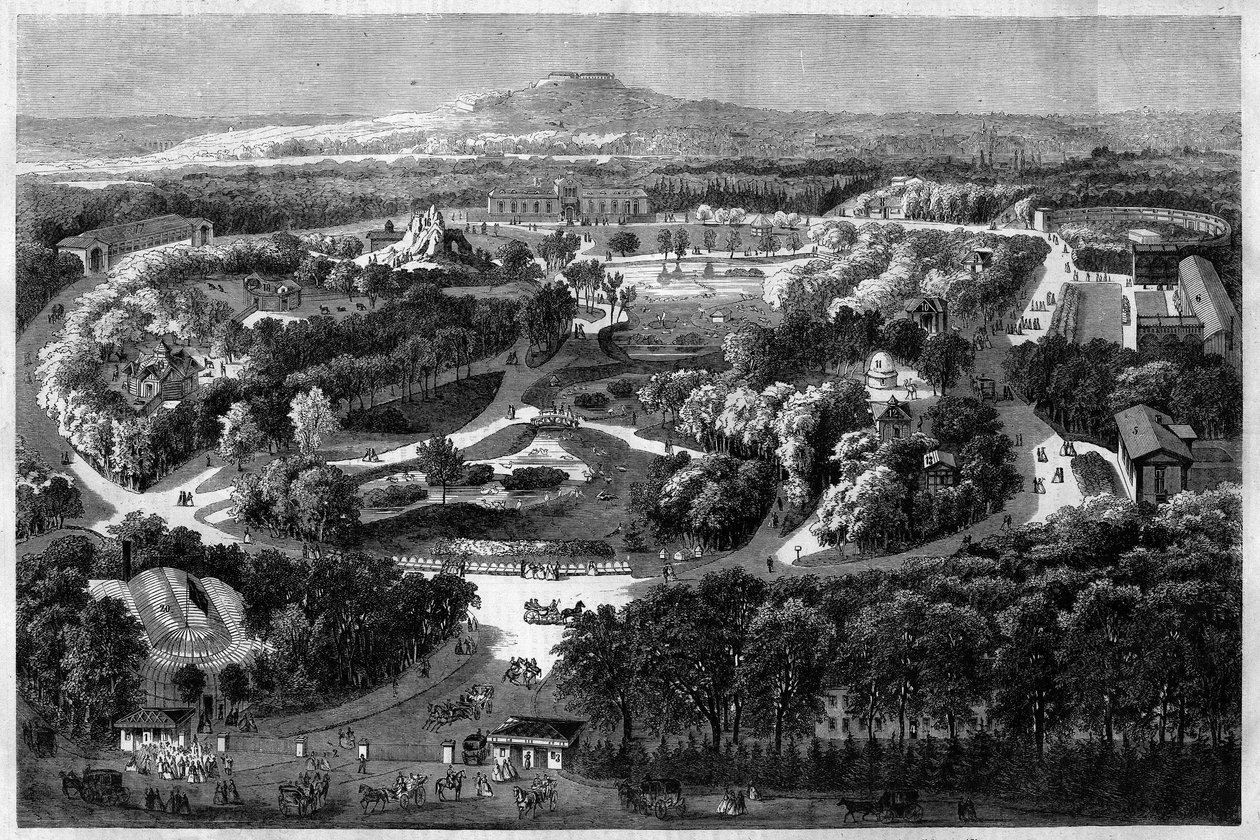 Algemeen overzicht van de tuin van acclimatisatie in het Bois de Boulogne aangeboden en ingehuldigd door Napoleon III in 1860, met natuur, weelderige flora en exotische dieren, in l